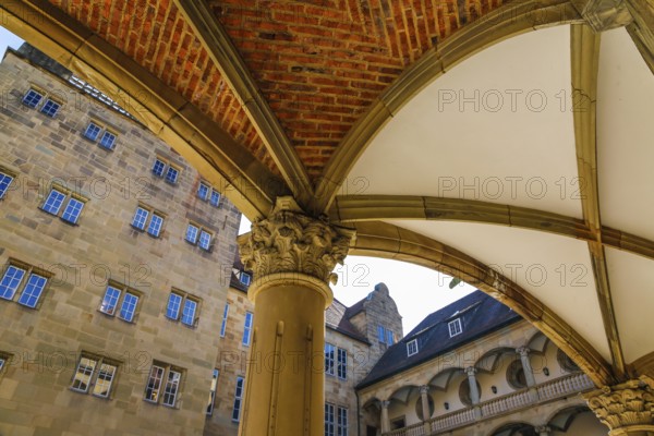 Old Palace Stuttgart, former moated palace, princely residence, 14th century seat of the Counts of Württemberg, court chamber, today Renaissance palace, architect Aberlin Tretsch, Württemberg State Museum, arcades, historic building, architecture, columns, ceiling, state capital, Stuttgart, Baden-Württemberg, Germany, Europe