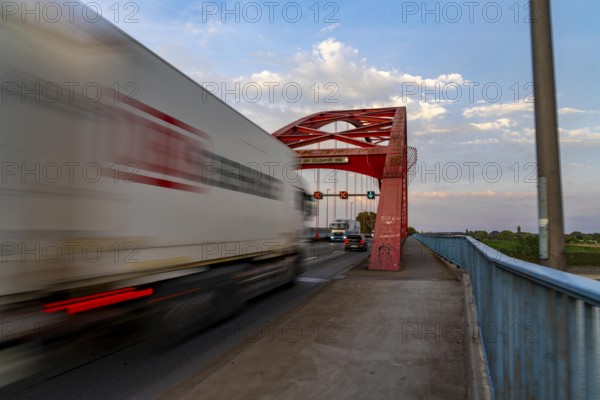 The Bridge of Solidarity, the longest tied-arch bridge in Germany, over the Rhine from Duisburg-Hochfeld to DU-Rheinhausen, the road bridge is dilapidated and has to be rebuilt, many thousands of lorries from the Logport port and cars use the bridge every day, new construction by 2040, Duisburg, North Rhine-Westphalia, Germany, Europe
