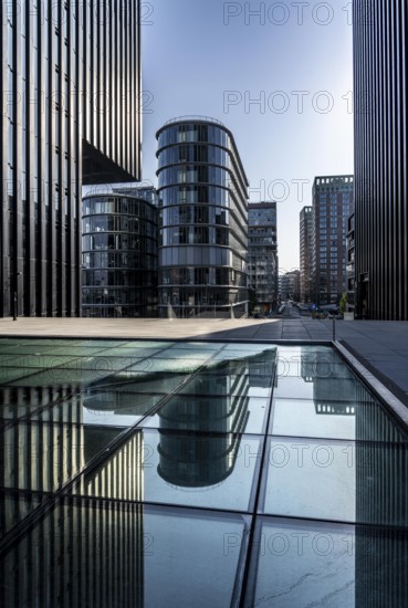 Düsseldorf Media Harbour, on the left the tower of the Hyatt Regency Hotel, office building, Speditionsstraße, North Rhine-Westphalia, Germany, Europe