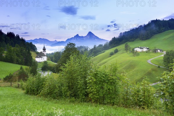 Maria Gern pilgrimage church, view of the Watzmann, in front of sunrise, Berchtesgarden Alps, Berchtesgaden, Berchtesgadener Land, Upper Bavaria, Bavaria, Germany, Europe