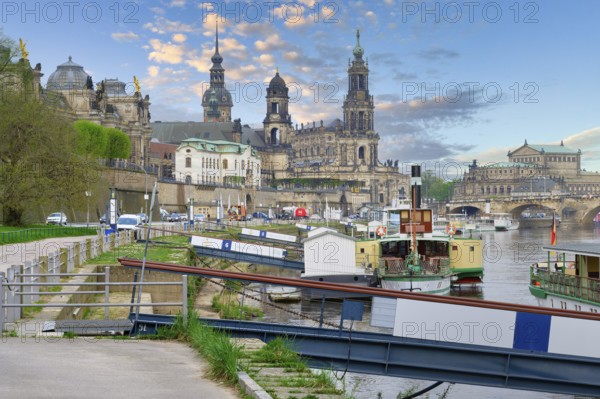 Historic center viewed from the Elbe with the Cathedral of the Holy Trinity and the Semperoper, Dresden, Saxony, Germany, Europe