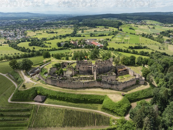 Aerial view of the ruins of Hochburg Castle, also known as Hachberg, 11th century, between Emmendingen, Sexau and Windenreute, second largest castle complex in Baden, administrative district of Freiburg, Black Forest, Baden-Württemberg, Germany, Europe