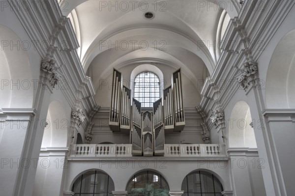 Organ loft in the parish church of St John, Hauk Abbey, built in 1691, Bahnhofstr. 4, Würzburg, Lower Franconia, Bavaria, Germany, Europe