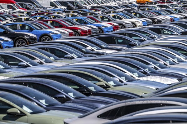 Storage area for new cars in the port of Vlissingen-Oost, vehicles are temporarily stored on over 100 hectares to ship them from Europe to the United Kingdom, Ford cars, others such as models from the Chinese car manufacturer BYD are delivered from here in Europe, wind farm, Netherlands