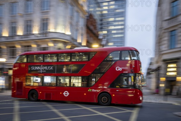 Red double-decker bus, wipe-clean image, Regent Street, evening mood, London, London region, England, Great Britain