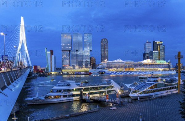 Rotterdam, skyline at the Nieuwe Maas, Erasmus Bridge, skyscrapers at the Kop van Zuid district, cruise ship Aida Prima at the cruise terminal, Spido cruise ships, Netherlands