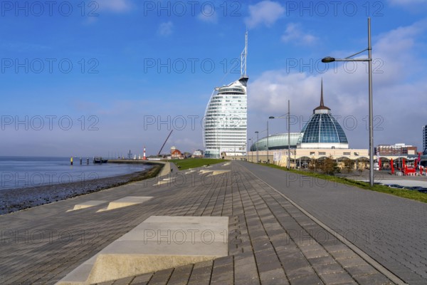 Skyline of Bremerhaven, Atlantic Sail City Hotel skyscraper, Klimahaus, harbour worlds, Weser dyke, Bremen, Germany, Europe