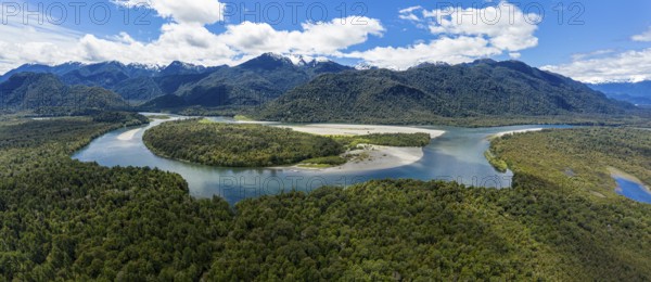 Aerial view of river Rio Palena between La Junta and Puerto Raul Marin Balmaceda, Panorama, Patagonia, Chile, South America