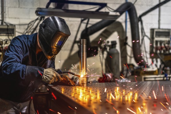 Unrecognizable male welder with protective facial mask and gloves welding a piece of metal in a factory