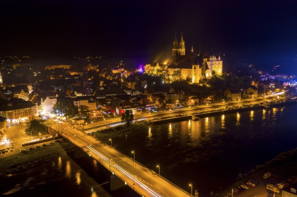 City view at night with Albrechtsburg castle, cathedral, old town, Elbe river and old Elbe bridge from above, Meissen, Saxony, Germany, Europe