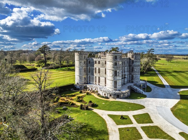 Lulworth Castle from a drone, Lulworth Estate, Camp Bestival, East Lulworth, Dorset, England, United Kingdom, Europe