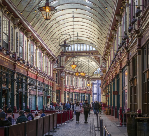 Historic covered shopping arcade Leadenhall Market, City of London, London, England, UK architect Sir Horace Jones 1881