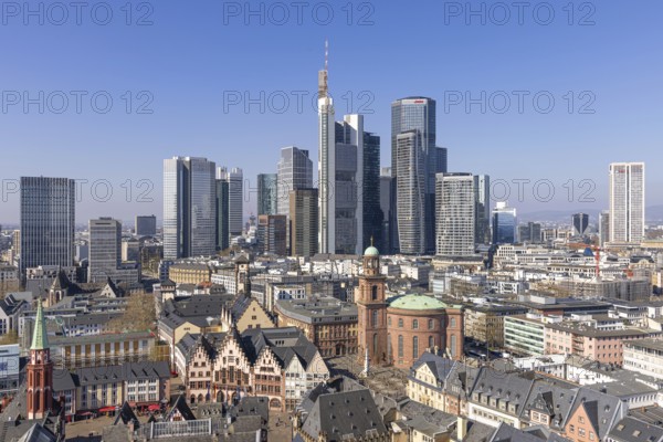 The view from St. Bartholomew's Cathedral takes in Frankfurt city centre and the banking skyline, Frankfurt am Main, Hesse, Germany, Europe