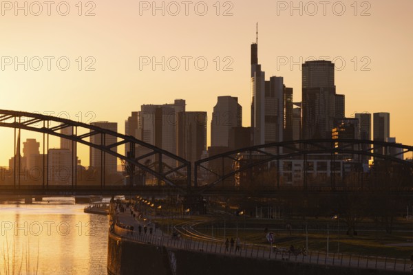 Sunset behind the Frankfurt banking skyline, Osthafen, Frankfurt am Main, Hesse, Germany, Europe