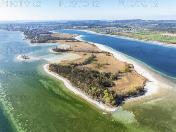 Aerial view of the Mettnau peninsula at low tide and spring-like vegetation, on the horizon the town of Radolfzell on Lake Constance, district of Constance, Baden-Württemberg, Germany, Europe