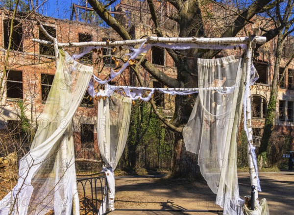 Art installation in front of the entrance to the former Alpenhaus, Historic Tuberculosis Sanatoriums in Beelitz, Brandenburg, Germany, Europe
