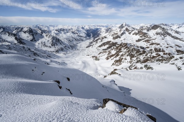 View from the summit of Piz Grialetsch in winter, mountain panorama with Dürrboden valley and view of Blessur Alps, Grisons Haute Route, Albula Alps, Rhaetian Alps, Grisons, Switzerland, Europe