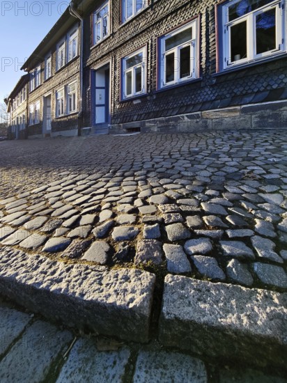 Cobblestone pavement with facades of half-timbered houses in the old town, UNESCO World Heritage Site, Goslar, Lower Saxony, Germany, Europe
