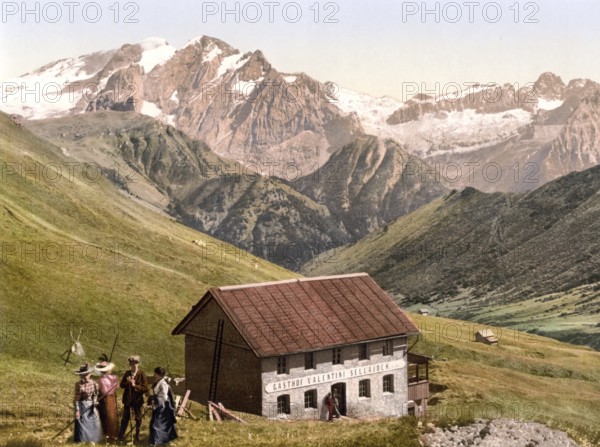 Summer holidaymakers at the Valentini Sellajoch Inn, Marmolada, Tyrol, formerly Austria-Hungary, today South Tyrol, Italy, Historical, digitally restored reproduction from a 19th century original, Record date not stated, Europe