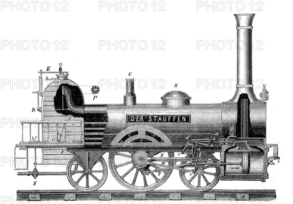 Side view of a historical locomotive, The Stauffen, in 1870, Historical, digital reproduction of an original from the 19th century