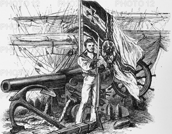 Wilhelmshaven, Lower Saxony, North Sea, emblem, symbol, navy, flag, sailor, sailing ship, cannon, anchor, steering wheel, Germany, historical illustration 1880, Europe