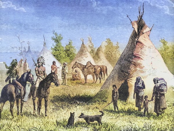 Sioux village with tepees. From American Pictures Drawn With Pen And Pencil by Rev Samuel Manning c. 1880, United States, America, Historic, digitally restored reproduction from a 19th century original, Record date not stated, North America