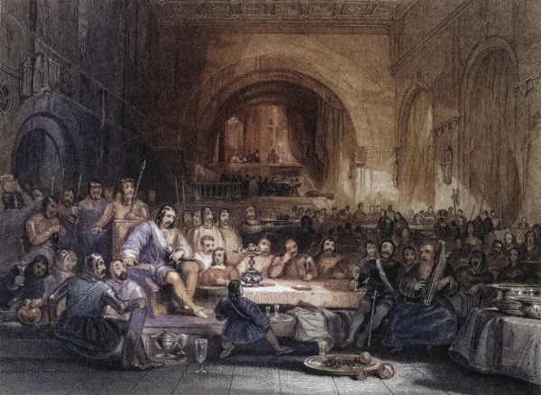 Prince Llewellyn and his Barons, Engraved by W. Radclyffe after G. Cattermole, Historic, digitally restored reproduction from a 19th century original, Record date not stated