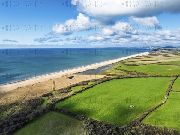 Farms over Swyre and West Bexington from a drone, West Bexington Nature Reserve, S W Coast Path, Dorchester, Dorset, England, United Kingdom, Europe