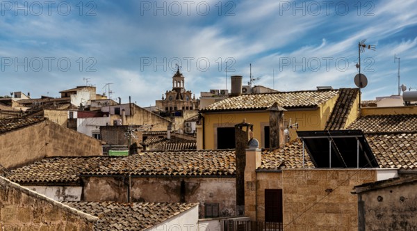 View of Mediterranean houses, roofs and courtyards from the town wall, Alcudia, Majorca, Spain, Europe