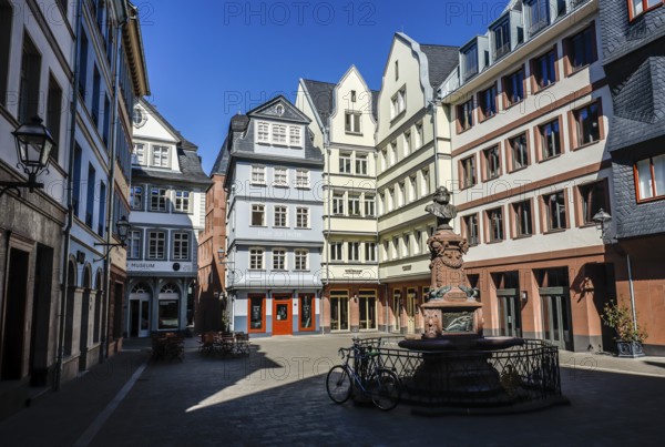 New Old Town, Hühnermarkt with Friedrich Stoltze Fountain, Frankfurt am Main, Hesse, Germany, Europe