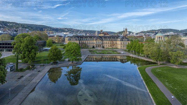City view of Stuttgart. Aerial view. City centre with New Palace and Eckensee. Stuttgart, Baden-Württemberg, Germany, Europe