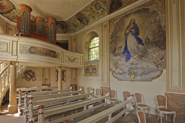 Idyllic small baroque castle chapel, interior view, organ with gallery, painting with Madonna figure, Dragstuhl Castle, Wadern, Saarland, Germany, Europe