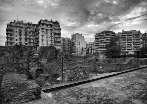 Forum Romanum, Roman Forum, Roman Agora, archaeological site, black and white, Thessaloniki, Macedonia, Greece, Europe