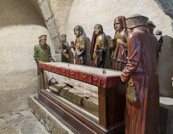 Life-size polychrome wooden entombment at Eglise Saint-Roch in Aubazat, Haute-Loire, Haut Allier, Auvergne-Rhone-Alpes, France, Europe