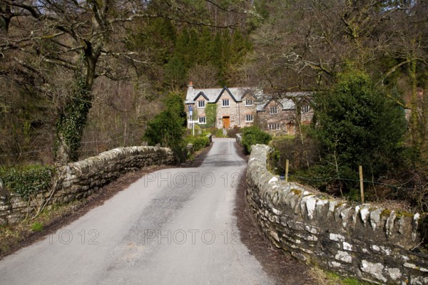 Packhorse bridge traditional village cottages, Brendon, Exmoor national park, Devon, England, United Kingdom, Europe