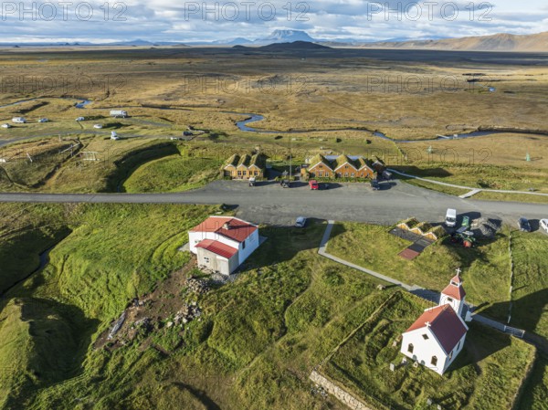 Mödrudalur farm and guesthouse northwest of Egilsstadir, aerial view of church, restaurant and campsite, Iceland, Europe