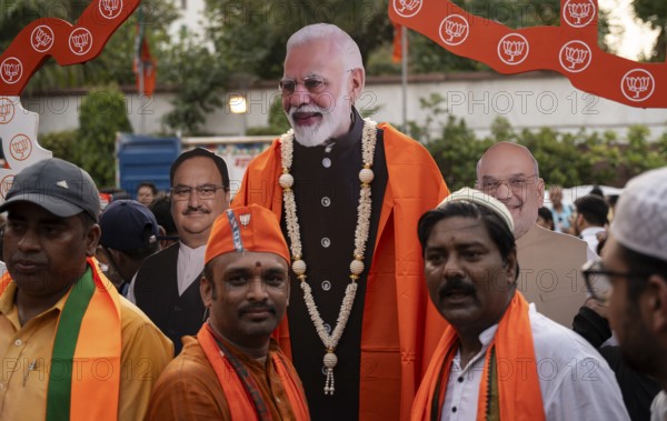 New Delhi, India, 4 June 2024. Bharatiya Janata Party (BJP) supporters celebrate as India's Prime Minister Narendra Modi being won the general elections for third time, in Delhi, Asia