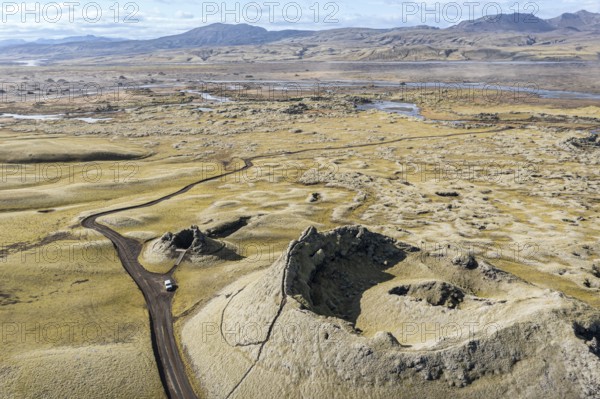 Craters of the Laki crater row, top down view, viewing platform, 4x4 car on road F206, Skafta river in the back, Iceland, Europe