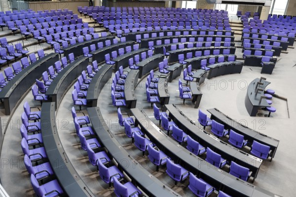 Empty plenary chamber in the German Bundestag, equipped with office swivel chairs in the special colour Reichstag Blue, Berlin, 13.06.2024., Berlin, Berlin, Germany, Europe