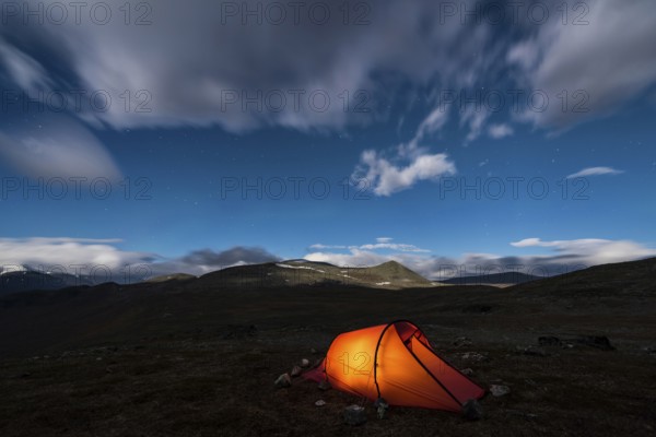 Tent in mountain landscape, Sarek National Park, World Heritage Laponia, Norrbotten, Lapland, Sweden, night shot, lighting, Scandinavia, Europe