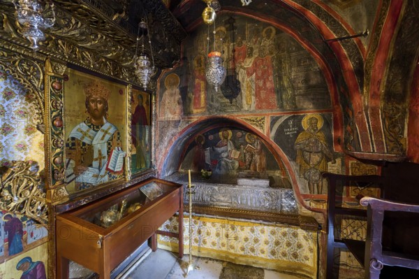 Magnificent interior of an Orthodox church with religious murals and icons, Inside the monastery, Agiou Theologou Monastery, Chora, Patmos, Dodecanese, Greek Islands, Greece, Europe