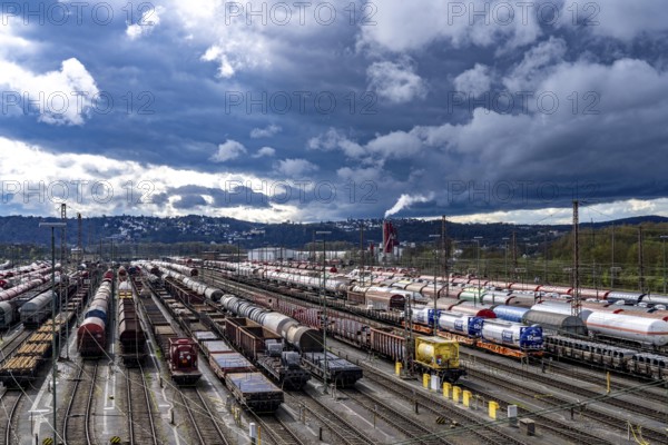 The Hagen-Vorhalle marshalling yard, one of the 9 largest in Germany, is located on the Wuppertal-Dortmund railway line and has 40 directional tracks on which goods trains are assembled, North Rhine-Westphalia, Germany, Europe