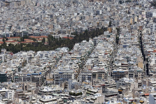 View of the city centre from Lycabettus Hill, Lykavittos, sea of houses with little greenery, Athens, Greece, Europe