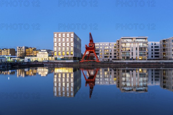 New harbour, harbour basin, harbour district, residential buildings, office buildings, marina and museum ship, part of the Harbour Worlds, in Bremerhaven, Bremen, Germany, Europe