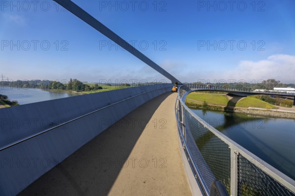 New bridge over the Rhine-Herne Canal and the Emscher, leap over the Emscher, bicycle and pedestrian bridge, 412 metres long, at the so-called Emscherland, Castrop-Rauxel water cross, North Rhine-Westphalia, Germany, Europe