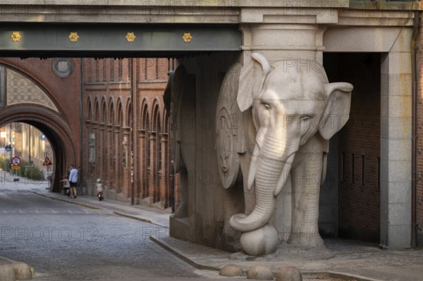 Monumental stone elephant, elephant gate or elephant portal or Elefantporten, designed by architect Vilhelm Dahlerup, Carlsbergbygen, Carlsberg neighbourhood, Valby, Copenhagen, Denmark, Europe