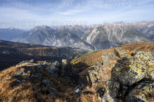 View from the ridge of the Venet to the mountain panorama of the Parzinn Group of the Lechtal Alps, yellow larches in autumn, Venet crossing, Ötztal Alps, Tyrol, Austria, Europe