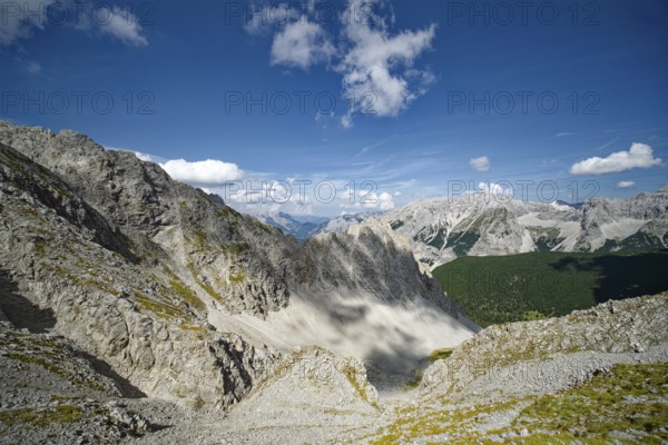 At the Hafelekar, view from the Karwendelblick of the Innsbruck Nordkette to the Karwendel mountains of the Alps, Alpine landscape, Innsbruck, Tyrol, Austria, Europe