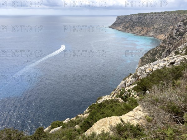 View of the rocky coast at the Far de la Mola lighthouse, eastern tip of Formentera, Balearic Islands, Spain, Europe