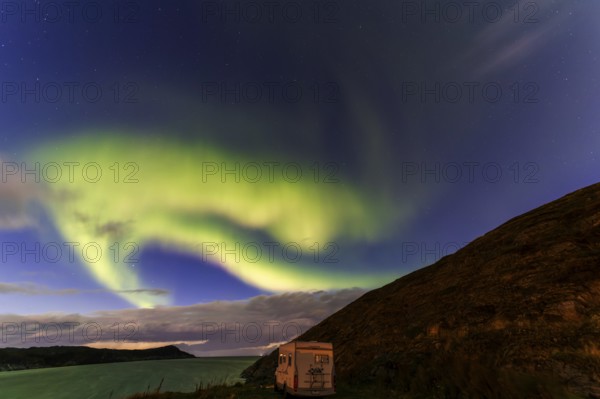 Northern Lights, (Aurora borealis) at a fjord in the Barents Sea near Bugoynes, September 2024, Lapland, Finnmark, Norway, Europe